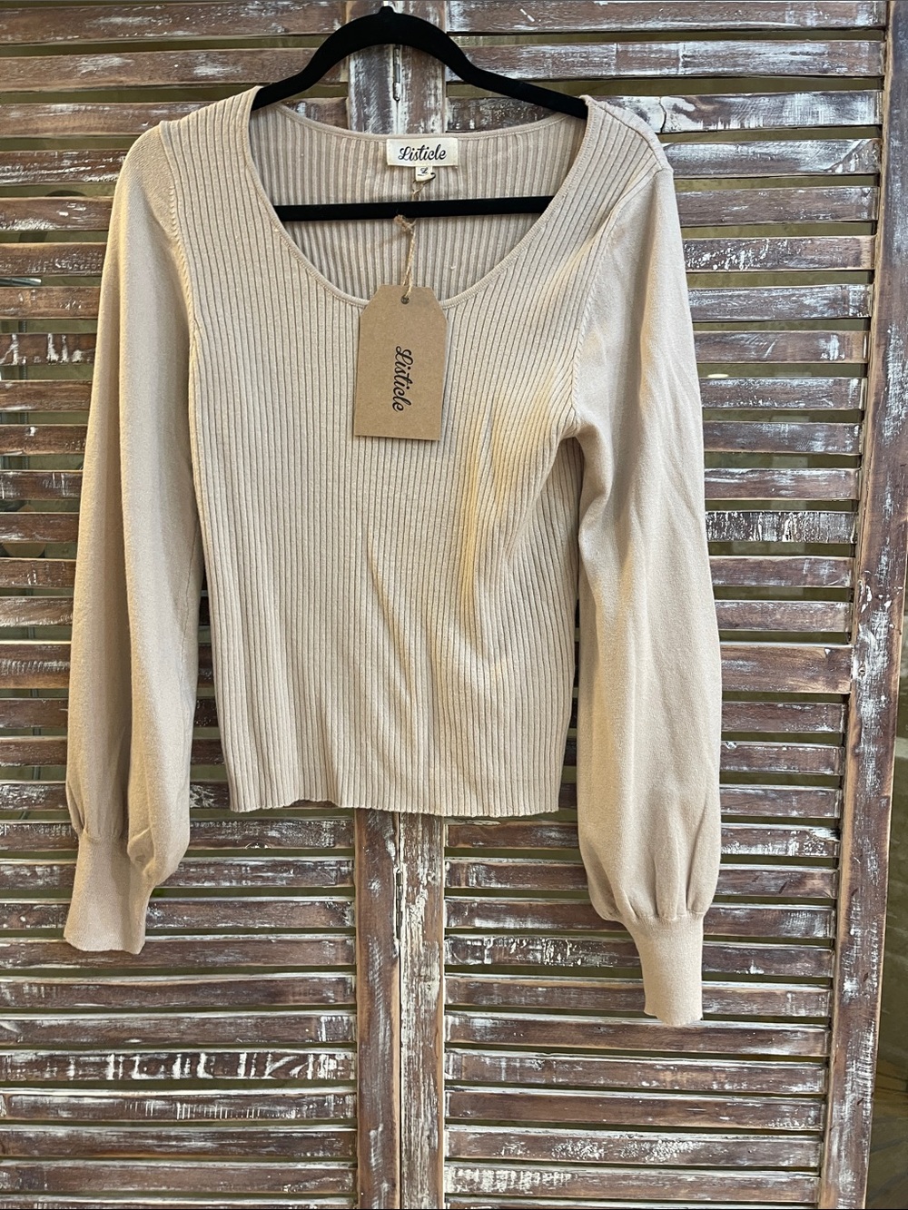 NWT Large listicle Ribbed Knit Scoop Neck Sweater - Beige/ tan